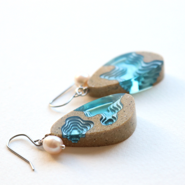 Rockpool large beach sand and blue resin dangle earrings on white backgound side view